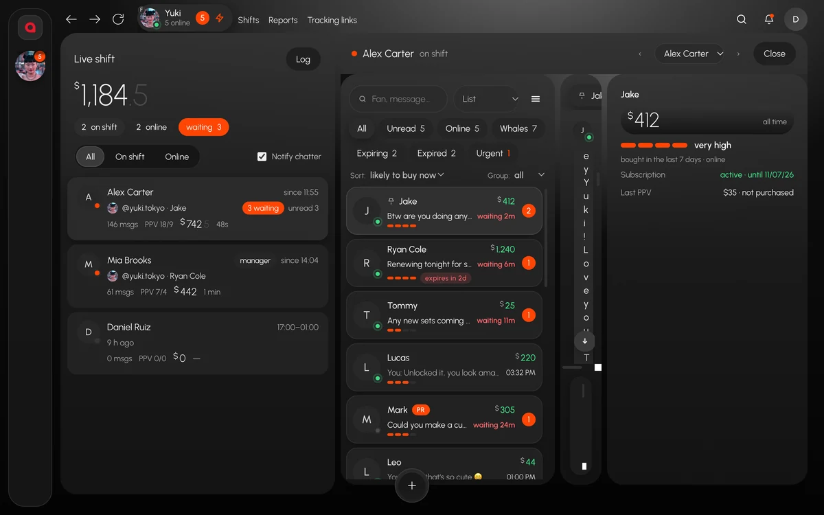 Live shift in Leeward with a chatter’s screen open read-only: the inbox and the fan card