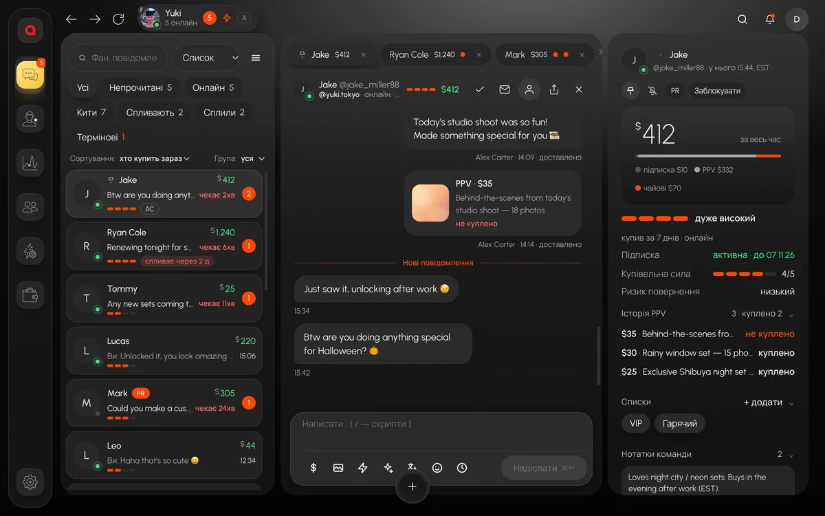 Leeward Chat: фільтри інбоксу, вкладки фанів із витратами, діалог і картка фана